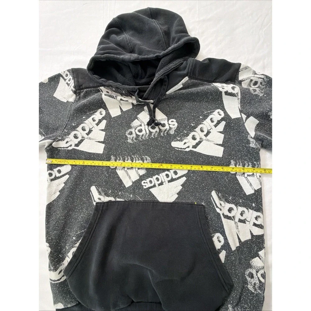 Adidas Mens All Over Logo Print Hoodie Black White Distressed Graphic Sweatshirt